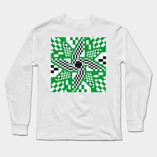 Green Black and White Checkered Pinwheel Optical Illusion Long Sleeve T-Shirt